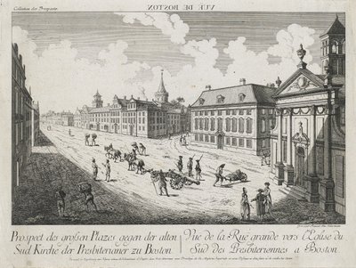 Vue d’Optique/Prospect des grossen Plazes gegen der Alten Sud Kirche der Presbiterianer zu Boston (Optický pohled/pohled na velká náměstí směrem k Old South Presbyterian Church v Bostonu), c. 1776 (lept a rytina, nekolorovaný na položený papír) od Franz Xavier Habermann