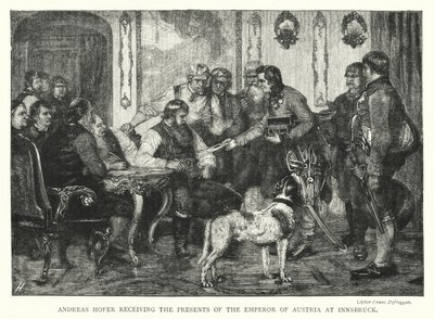 Andreas Hofer Přijímání darů rakouského císaře v Innsbrucku (rytina) od Franz von (after) Defregger