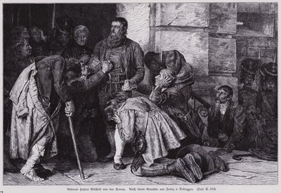Andreas Hofer, vůdce tyrolského povstání proti francouzské a bavorské okupaci, se loučil se svými stoupenci, než byl odvezen do Mantovy na popravu od Franz von (after) Defregger