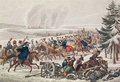 Ústup francouzské armády přes řeku Berezinu, 26. listopadu 1812, rytina J. A. Kleina od Franz von Habermann