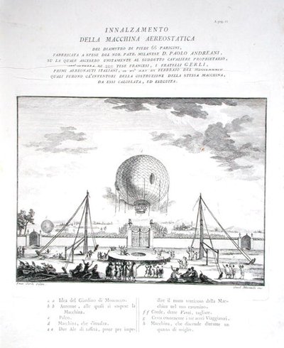 První let horkovzdušným balónem s posádkou v Itálii vyrobený Paolo Andreani (1763-1823) 1784, vyryto Girolamo Mantelli, publikováno 1785 (rytina) (viz také 206819) od Fratelli Gerli (after)
