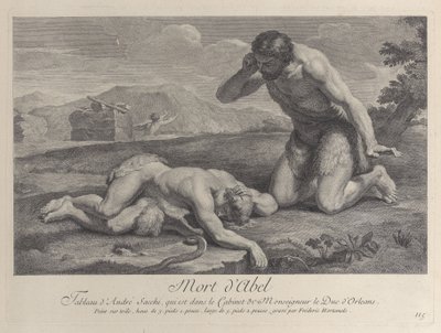 Adam klečí ve zármutku vedle těla Ábela, zatímco Kain prchá v pozadí, ca. ..., ca. 1729. od Frédéric Horthemels