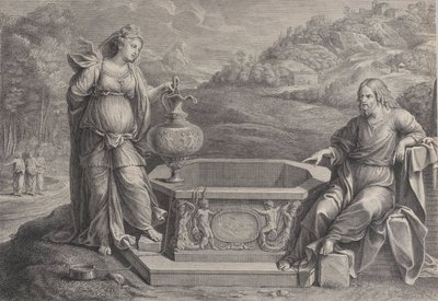 Kristus, sedící vpravo, a žena Samaří, která stojí vlevo, ca. 1729. od Frédéric Horthemels
