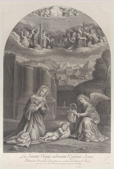 Panna Maria klanící se dítěti Krista, anděl držící vpravo trnovou korunu,..., ca. 1729. od Frédéric Horthemels