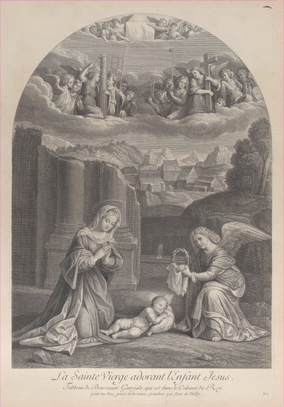 Panna Maria klanící se dítěti Krista, anděl držící vpravo trnovou korunu,..., ca. 1729. od Frédéric Horthemels