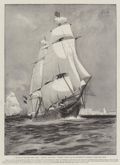 Dotek starého mořského života, HMS Active a HMS Volage vyjíždějí z přístavu Portsmouth pouze pod plachtou od Fred T. Jane