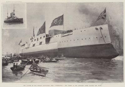 Spuštění naší největší bitevní lodi HMS Formidable na vodu - loď, jak se objevila po opuštění Ways. od Fred T. Jane