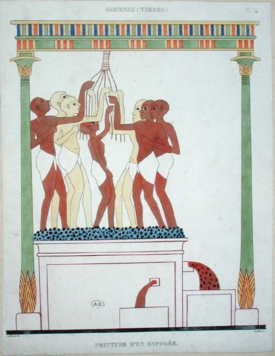 Lisování hroznů, kopie nástěnné malby z Théb, ryté Smithem (barva lito) od Frederic (after) Cailliaud