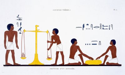 Rituály smrti (předmět nejasný), ze vzácného záznamu fresek z Théb, zaznamenaný v letech 1819–1822 při jeho druhé návštěvě Egypta Fredericem Cailliaudem (1787–1869) (barevné lito) od Frederic (after) Cailliaud