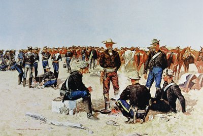 Snídaně kavaleristy na pláních, z olejomalby kolem roku 1890 (barevné lito) od Frederic (after) Remington