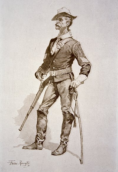 Seržant americké kavalérie, po kresbě z roku 1890 (rytina) od Frederic (after) Remington