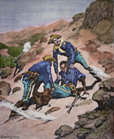 Záchrana desátníka Scotta během kampaně Geronimo v roce 1886 (barevná rytina) od Frederic (after) Remington