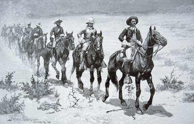 Američtí „Buffalo Soldiers“ pochodující v poušti, z kresby z roku 1888 (rytina) od Frederic (after) Remington