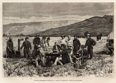 Geologická mise Spojených států je mladá v rovině, vyleptaná podle kresby Laguillermieho, ilustrující soubor geografických misí přes Národní park Spojených států v letech 1870 až 1872 od pánů Haydena, Doanea a Langforda, nakl. od Frederic Auguste Laguillermie