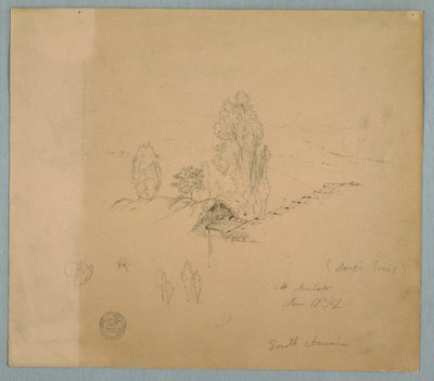 Kresba, Došková střecha a tašková střecha s korunami stromů v horské krajině poblíž Chimboraza, Ambato, Ekvádor, 17. června 1857 od Frederic Edwin Church