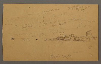 Kresba, záliv s domy, hory za nimi, leden 1868 od Frederic Edwin Church