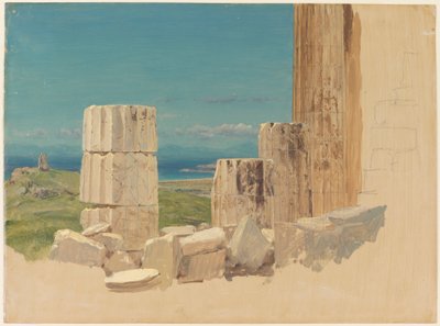 Kresba, Rozbité sloupy, pohled z Parthenónu, Athény, duben 1869 od Frederic Edwin Church
