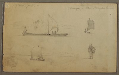 Kreslení, Bungoes: Skicy plachetnic a pracujících mužů, podél řeky Rio Magdalena, Kolumbie, květen 1853 od Frederic Edwin Church