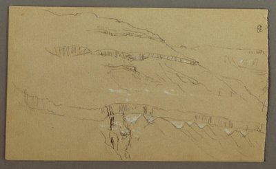 Kresba, El Yemen Valley, Arábie: Skalní stěna s horní částí připomínající řadu sloupů, 20. února 1868 od Frederic Edwin Church