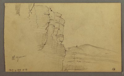 Kresba, El Yemen Valley, Arábie: Skalní stěna s horní částí připomínající řadu sloupů, 20. února 1868 od Frederic Edwin Church
