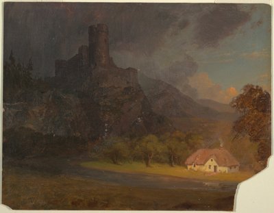 Kresba, Anglický hrad a chata, asi 1844 od Frederic Edwin Church