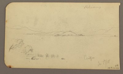 Kresba, Postava a volský povoz, cypřiš; Verso: Pohled na jezero Cuitzeo, leden 1885 od Frederic Edwin Church
