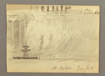 Kresba, Fontána na náměstí u baziliky svatého Petra, Řím, Itálie, leden 1868 od Frederic Edwin Church
