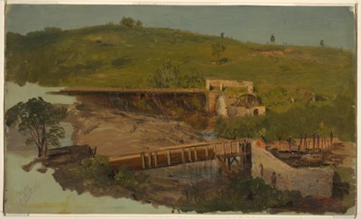 Kresba, Kopec s viadukty a zničenými mlýny, poblíž Catskillu, New York, asi 1865 od Frederic Edwin Church
