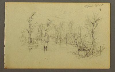Kresba, rybník Htakie (), dva lidé v kánoi, 1845 od Frederic Edwin Church