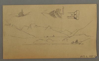 Kresba, Středověký hrad, dvě věže, figurální studie, u Thunu, pravděpodobně 1868 od Frederic Edwin Church
