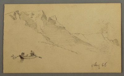 Kresba, Vrcholky hor, Dvě postavy ve člunu, srpen 1868 od Frederic Edwin Church
