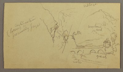 Kresba, Horské údolí, most, budovy, pravděpodobně 1868-69 od Frederic Edwin Church