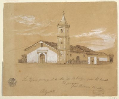 Kresba, farní kostel Panny Marie Chiquinquira del Cerrito, Chiquinquira, Kolumbie, červenec 1853 od Frederic Edwin Church