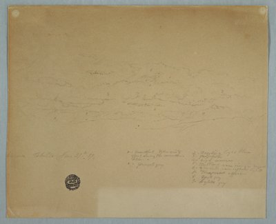 Kresba, Déšť padající ze zamračené oblohy nad horskými hřebeny, Hacienda Chillo, Ekvádor, 27. července 1857 od Frederic Edwin Church