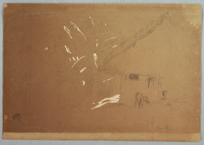 Kresba, Sedící žena a pasoucí se osel před domem poblíž Jorje, Ekvádor, 23. června 1857 od Frederic Edwin Church