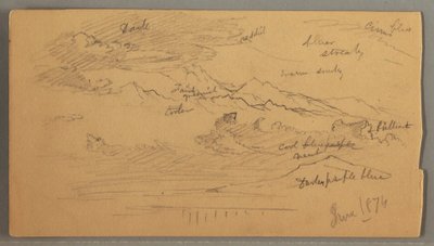 Kresba, Ostré vrcholky hor, zatažená obloha, červen 1874 od Frederic Edwin Church