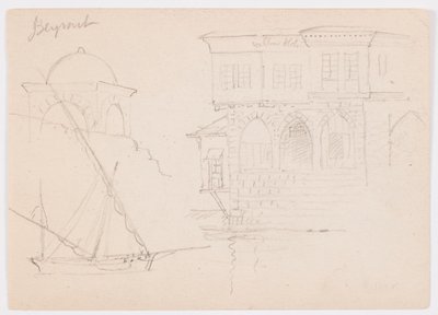 Kresba, Náčrtky kopulovité stavby, lodi a honosného domu, leden 1868 od Frederic Edwin Church