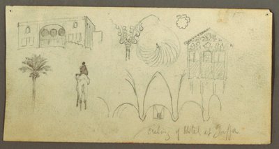 Kresba, honosný dům, postava na koni, velbloud, architektonické studie, palma, pravděpodobně 1868 od Frederic Edwin Church