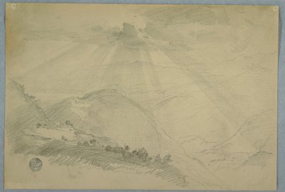 Kresba, Slunce procházející mraky nad horským údolím, Jamajka, červenec 1865 od Frederic Edwin Church