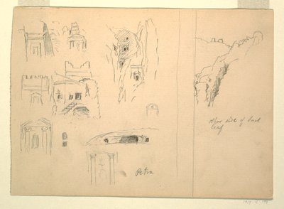 Kresba, Deset studií hrobek a pohled na skály, Petra, Jordánsko, 26. února 1868 od Frederic Edwin Church