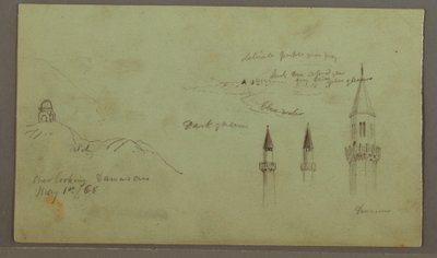 Kresba, Hrobka na kopci, Tři minarety, 1. května 1868 od Frederic Edwin Church