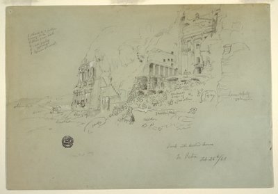 Kresba, urnová hrobka, hedvábná hrobka a korintská hrobka, Petra, 26. února 1868 od Frederic Edwin Church