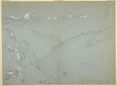 Kresba, Údolní krajina se zasněženými vrcholky, Bernské Alpy, Švýcarsko, 1. část, 1. září 1868 od Frederic Edwin Church