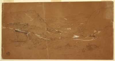 Kresba, Údolí s mostem a domy, poblíž Guarandy, Ekvádor, 5. června 1857 od Frederic Edwin Church