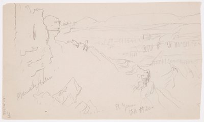 Kresba, Pohled přes kopce a rovinu směrem k horám, údolí El Yemen, únor 1868 od Frederic Edwin Church