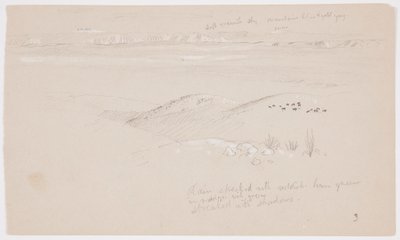 Kresba, Pohled přes kopce a rovinu směrem k horám, údolí El Yemen, únor 1868 od Frederic Edwin Church