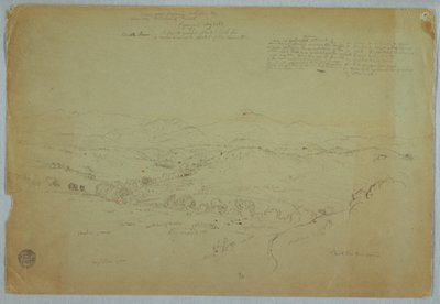 Kresba, Pohled na Popayan včetně sopky Mount Purese, řeka Cauca, Kolumbie, 8. srpna 1853 od Frederic Edwin Church