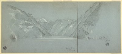 Kresba, Pohled na jezero Konigssee s Falkensteinem u Berchtesgadenu, Bavorsko, Německo, 2. část, 11. července 1868 od Frederic Edwin Church