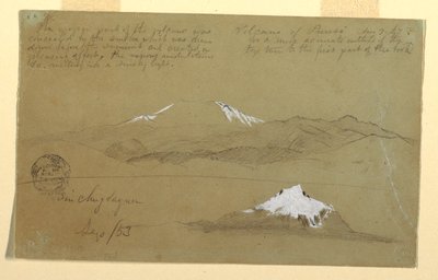 Kresba, Pohledy na sopku Puresé, Kolumbie a horu Sincholagua, Ekvádor, 9. srpna a září 1853 od Frederic Edwin Church