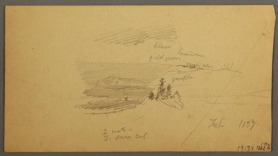 Kresba, zalesněný vrchol kopce, kopcovité údolí, slunce, leden 1866 od Frederic Edwin Church